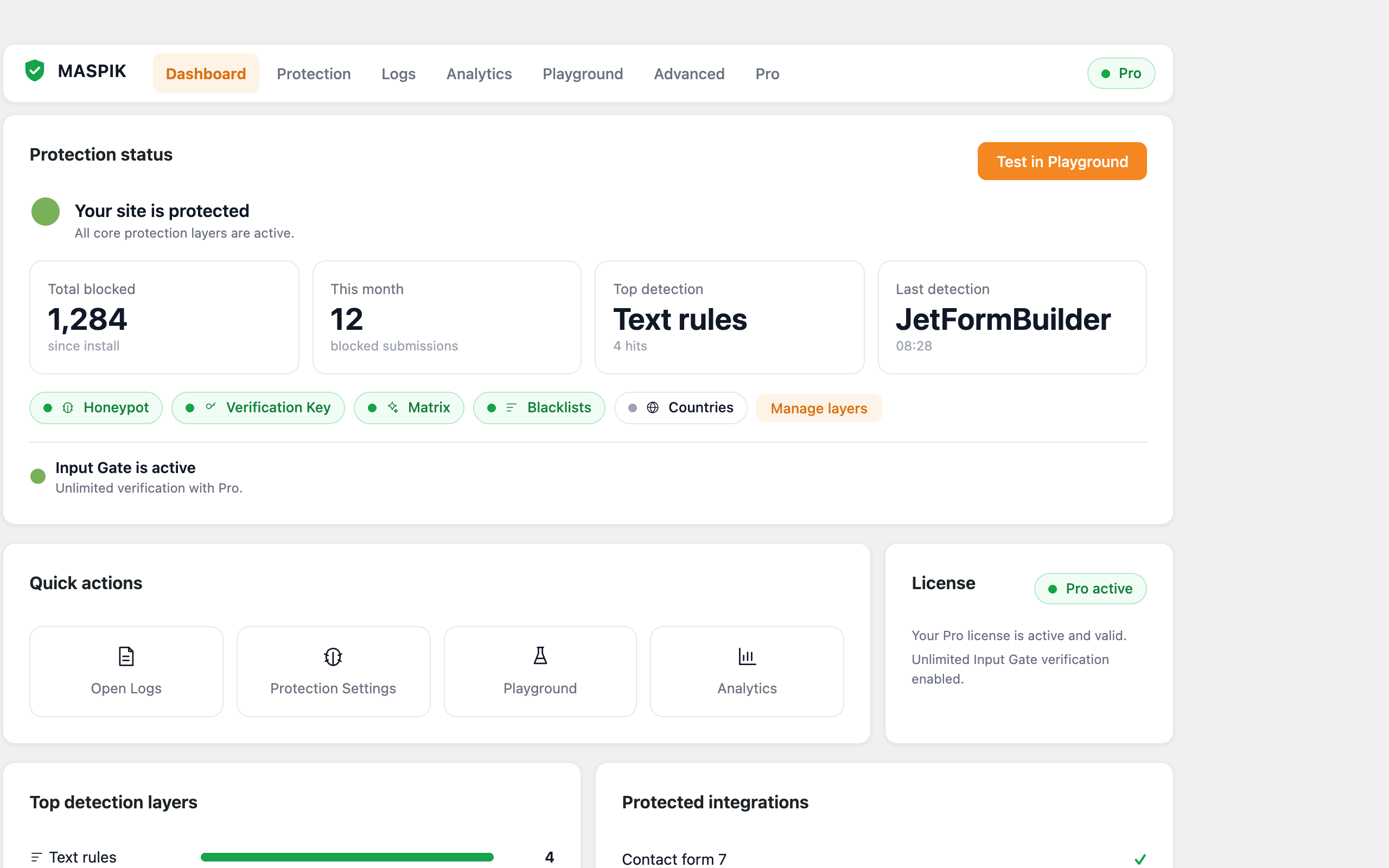 The Maspik dashboard: protection status, total blocked submissions, the active protection layers, and InputGate status.